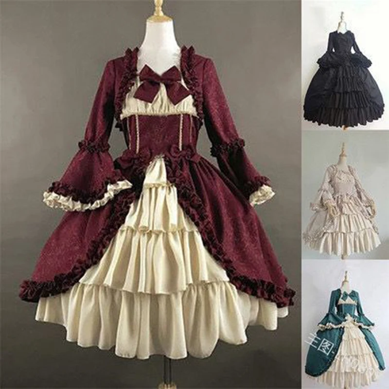 Medieval Retro Dress Women Long Sleeve Gothic Court Victoria Dress Square-Neck Cinched Stitching Bow Dress Vestidos