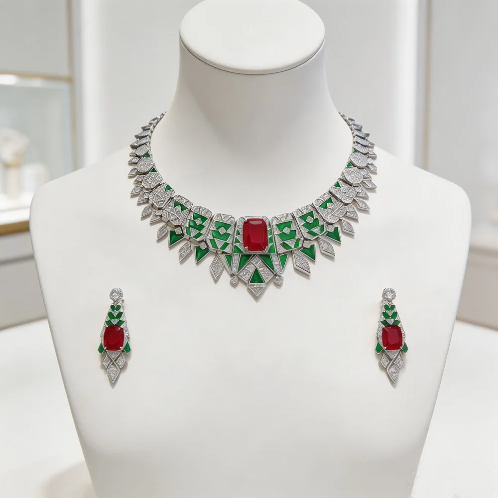 Pendientes y collar de estilo vintage para mujer, con incrustaciones de circonita checa, turmalina sintética de Paraíba, esmalte azul y verde, conjunto de joyería fina para fiestas.