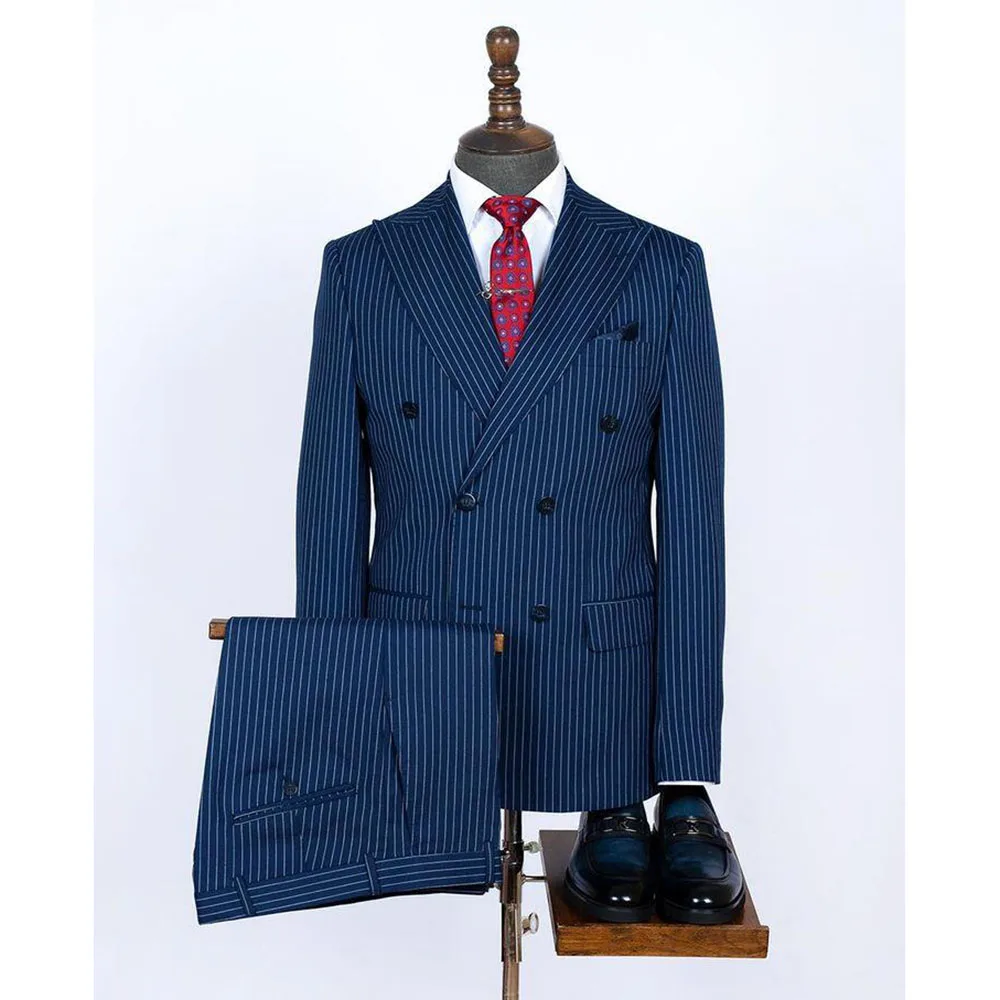 

2025 Popular Blue Men Suit 2 Pieces Jacket Pants Peak Lapel Double Breasted Business Celebrity Prom Party Male Clothing Fashion