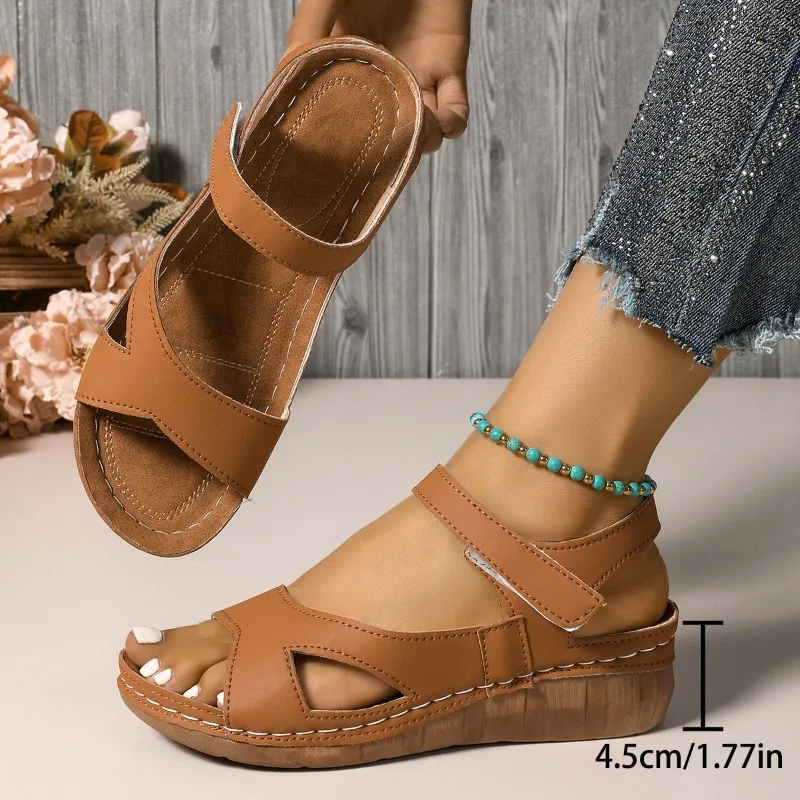 Summer New Flower Pattern Adhesive Thick Heel Sandals Women's Cross-Border Large Size Slope Heel Open-Toe Beach Sandals
