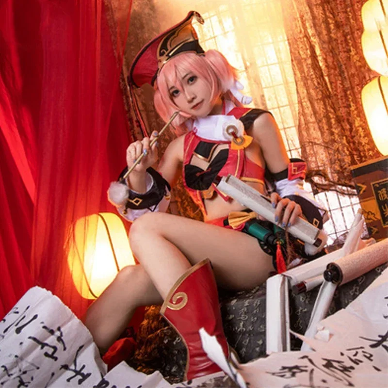 Genshin Impact Yanfei Game Suit Aestheticism Uniform Yan Fei Cosplay Costume Yanfei Wig Pink Hairs Halloween Party Outfit Prop