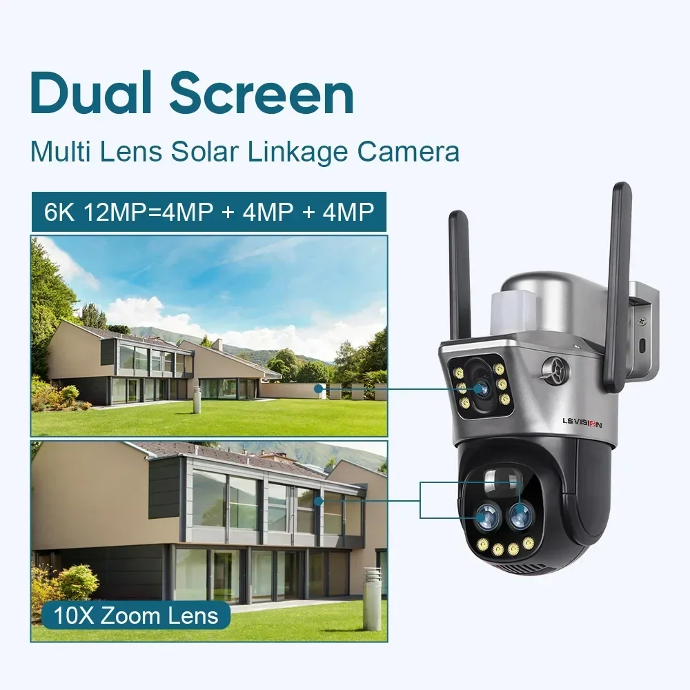 LS VISION 12MP 10X Zoom Dual Screen Solar Camera Outdoor 6K 4G/WiFi Red Blue Light Alarm Auto Tracking Security Cameras V380 Pro