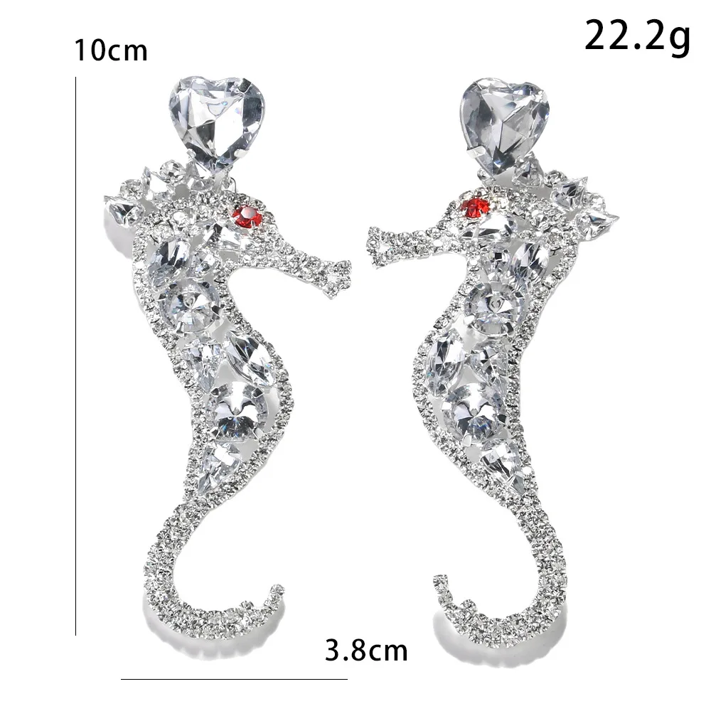 New love pendant, hippocampus earrings, personalized exaggerated rhinestone earrings, catwalk accessories, women's earrings.