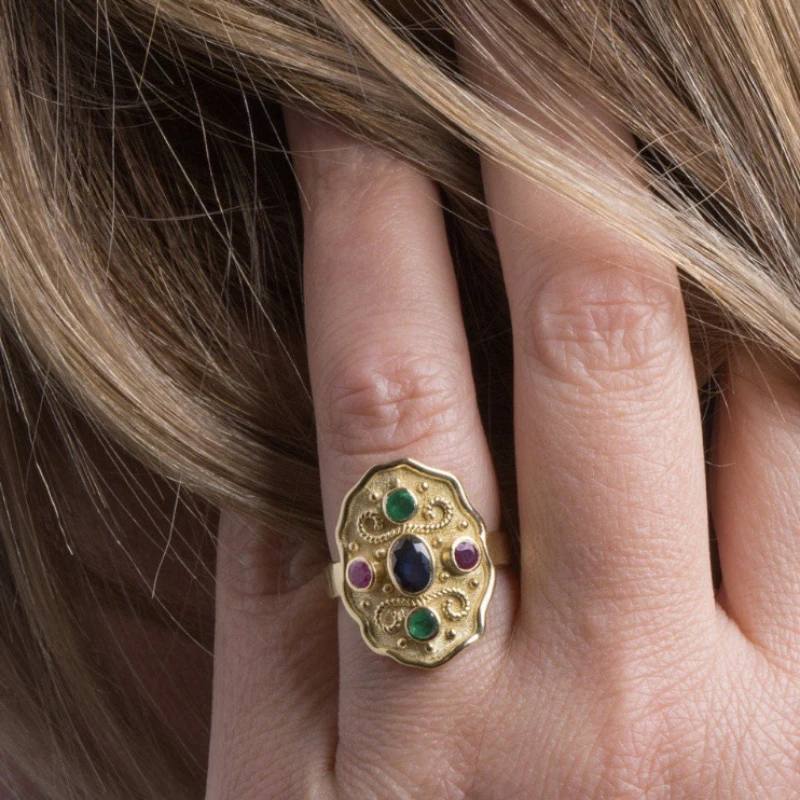 Vintage unisex accessory set with colorful gemstones and geometric alloy ring