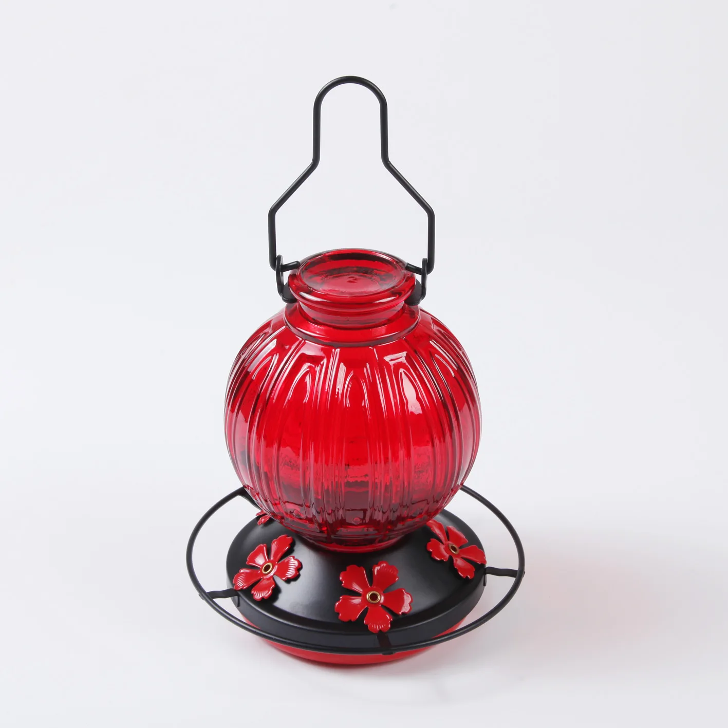 Red Glass Hummingbird Feeder with Metal Hanger for Outdoor Garden