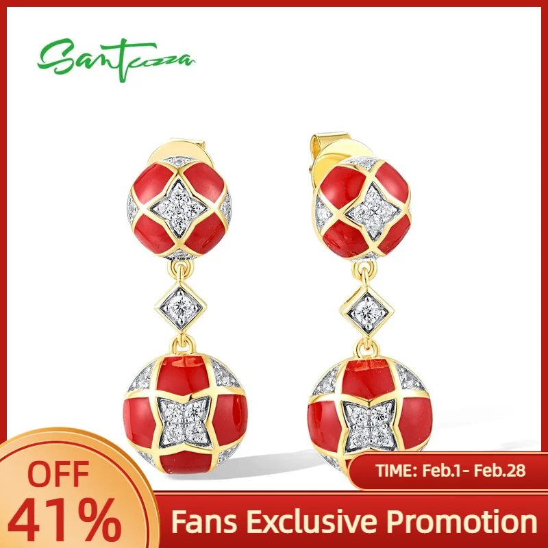 

SANTUZZA настоящие висячие серьги из стерлингового серебра 925 пробы для женщин, сверкающие белые CZ, красные круглые эмалированные нежные подарки, ювелирные изделия