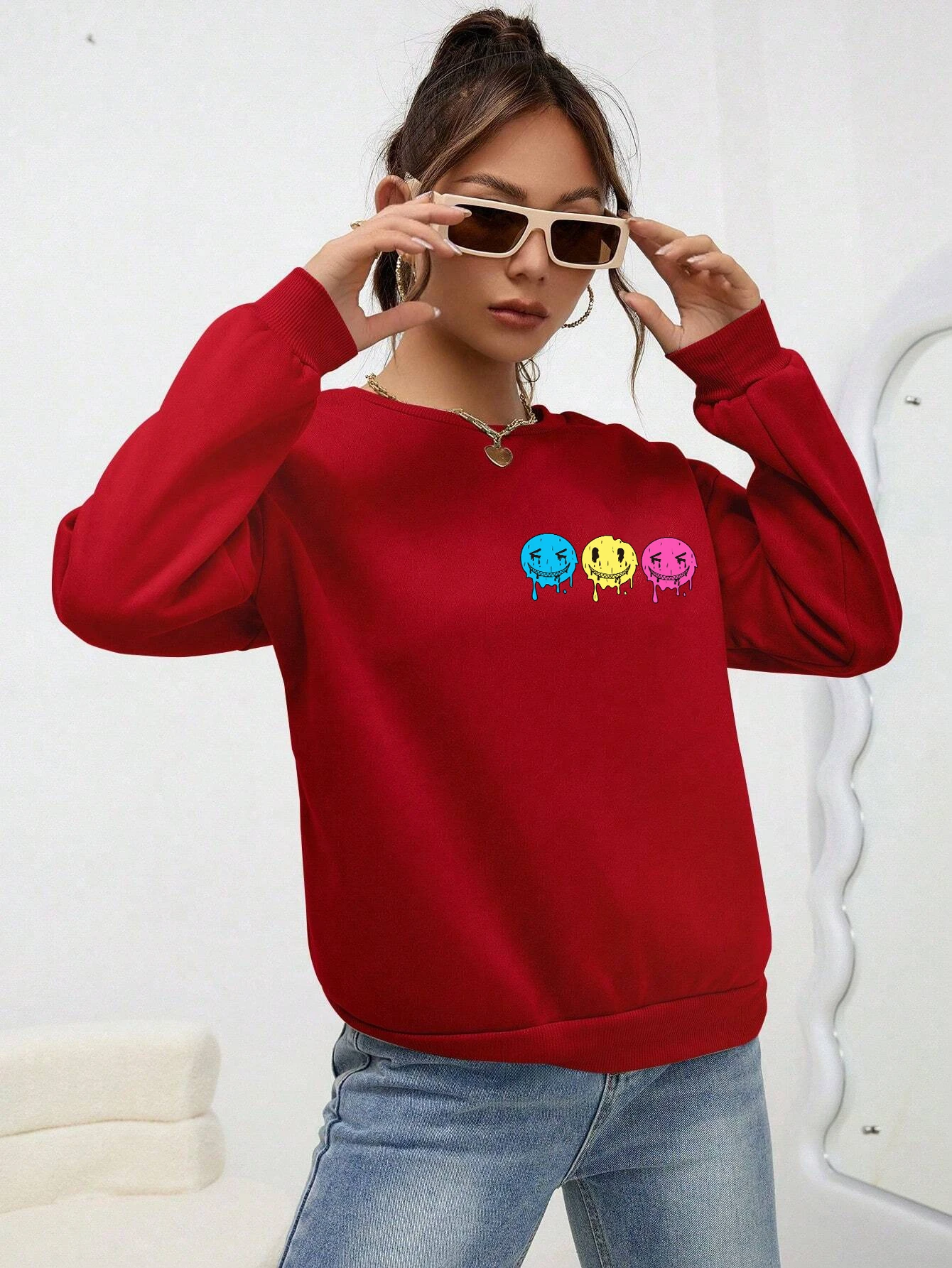 Funny Smiling Face Printed Female Sweatshirt Autumn S-Xxl Tracksuit Simple Comfortable Tops Casual Warm Fleece Clothes Women