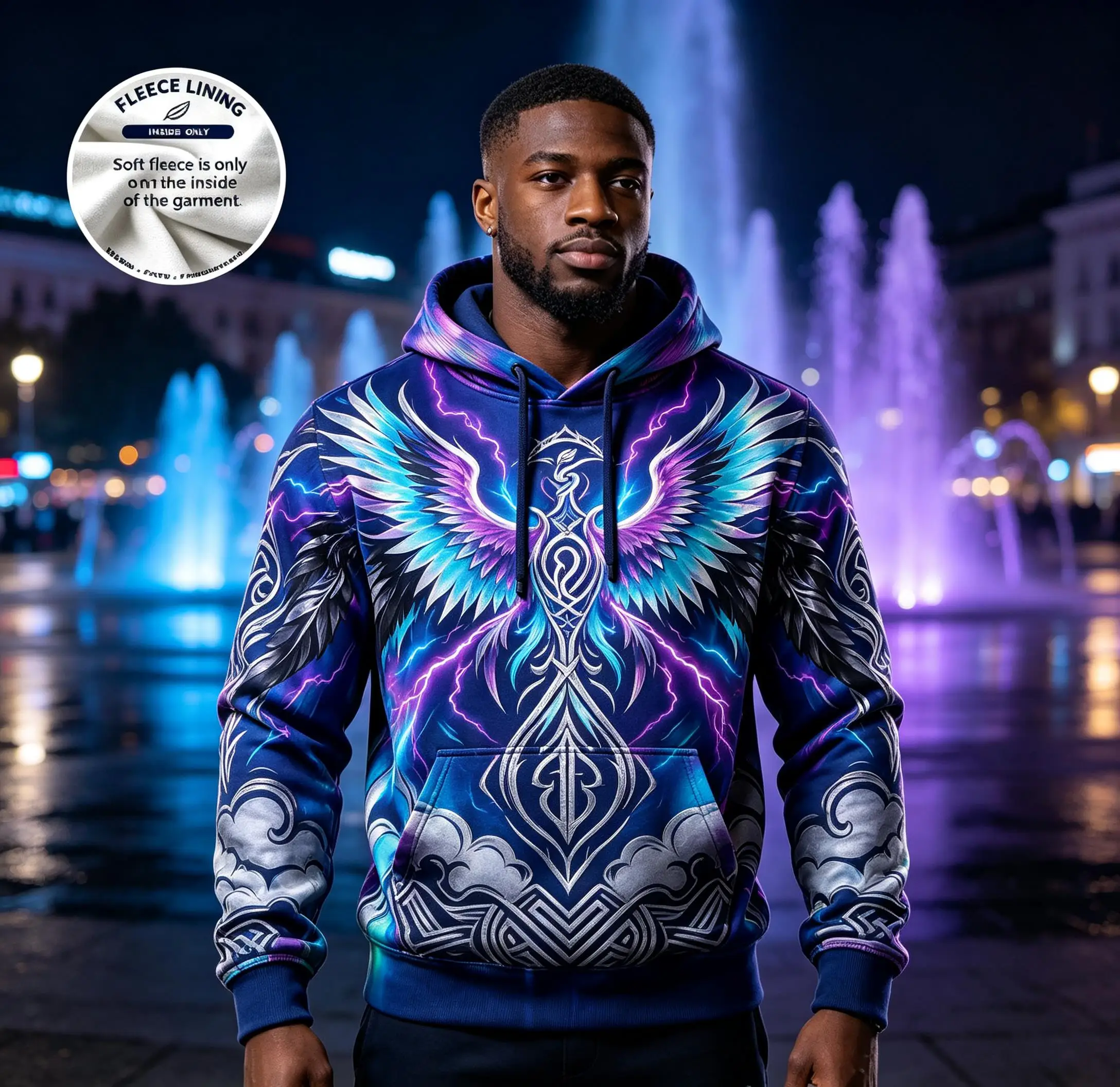Men Fleece Lined Hoodie Black Blue Cyber Scarab Beetle Circuit Print Drawstring Pullover Sweatshirt