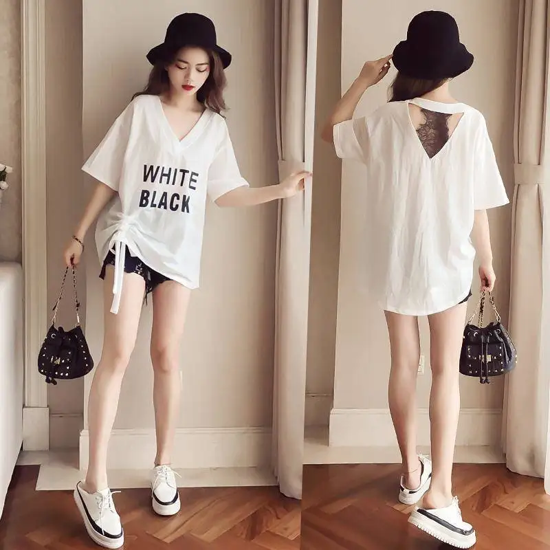 

Summer New Plus Size Drawstring Tops Tees Solid Color Letter Printing Hollow Out T Shirts Fashion Street Casual Women Clothing