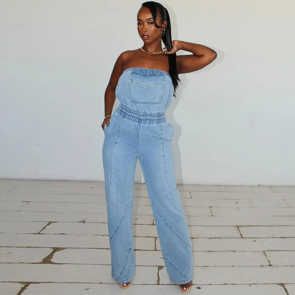 Women Jumpsuits Summer Sexy Sleeveless Backless Strapless Stretch Denim Jumpsuits Streetwear Casual Pocket Straight Jeans Romper