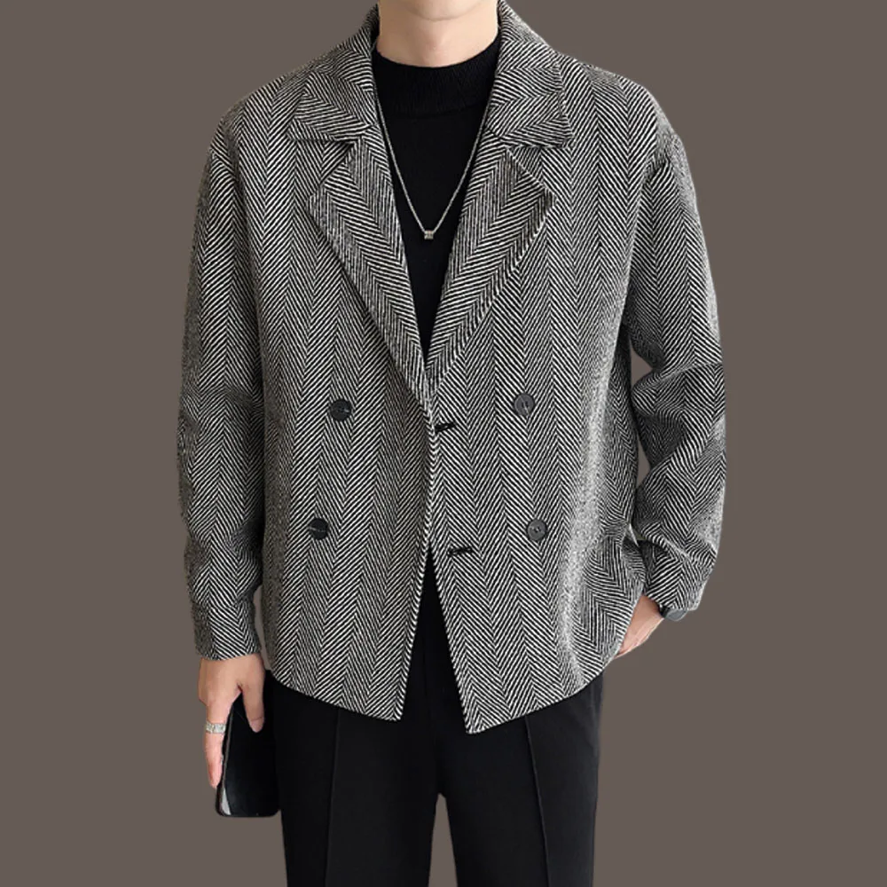 

Korean style herringbone patterned wool blend suit jacket Fashion Casual Man Blazers Fall Black men's short jacket