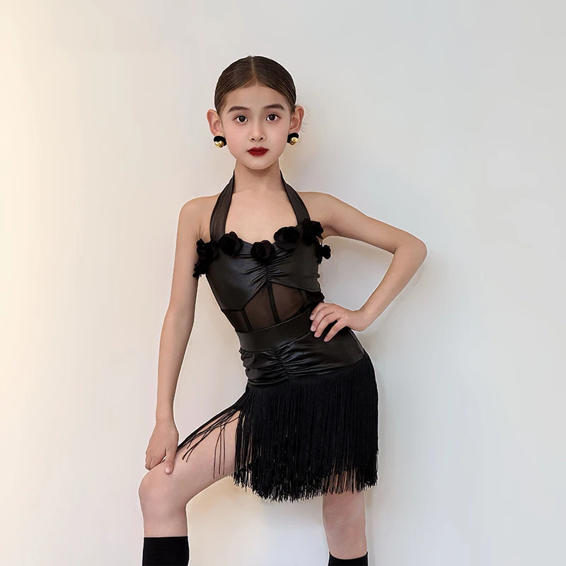 

Children'S Ballroom Dance Clothes For Girls Leather Latin Dance Fringed Dress Kids Performance Latin Dance Costume SL15260