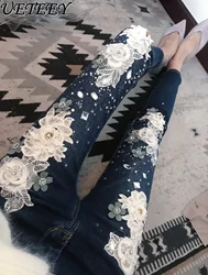 Calça jeans azul feminina florada em 3D, estilo designer, miçangas indústria pesada, calças lápis stretch strass, calças chiques, outono