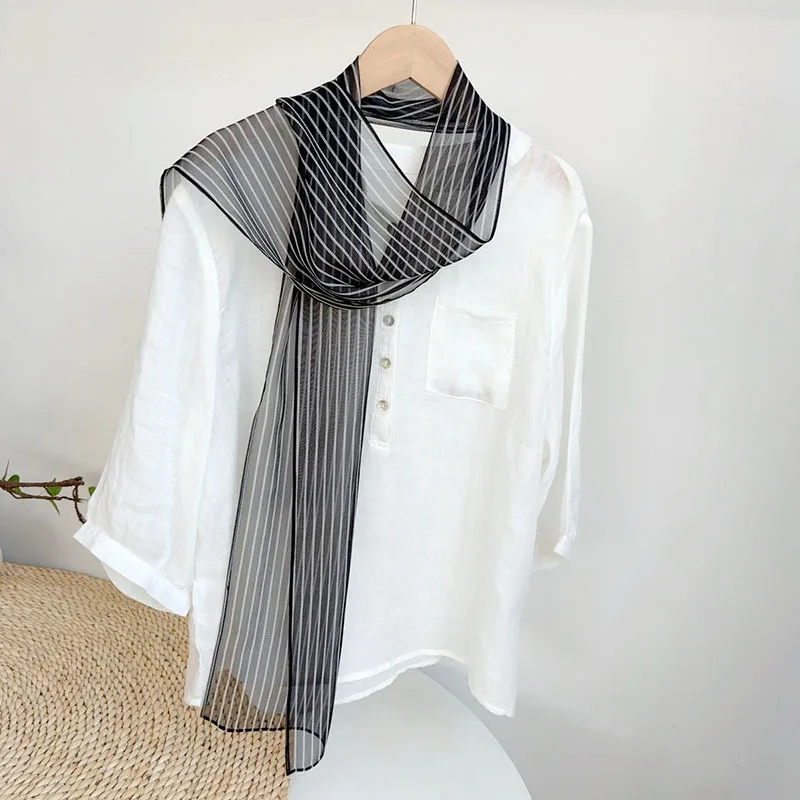 

Scarf Silk Black Women Summer Sun Protection Striped Long Breathable Neck Wrap Accessory For Beach Spring Holiday Luxury
