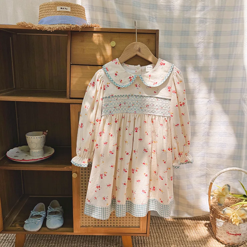 Girls' Spring and Autumn New Korean Style Printed Contrast Color Long Sleeve Doll Collar Gathered Pure Cotton Princess Dress