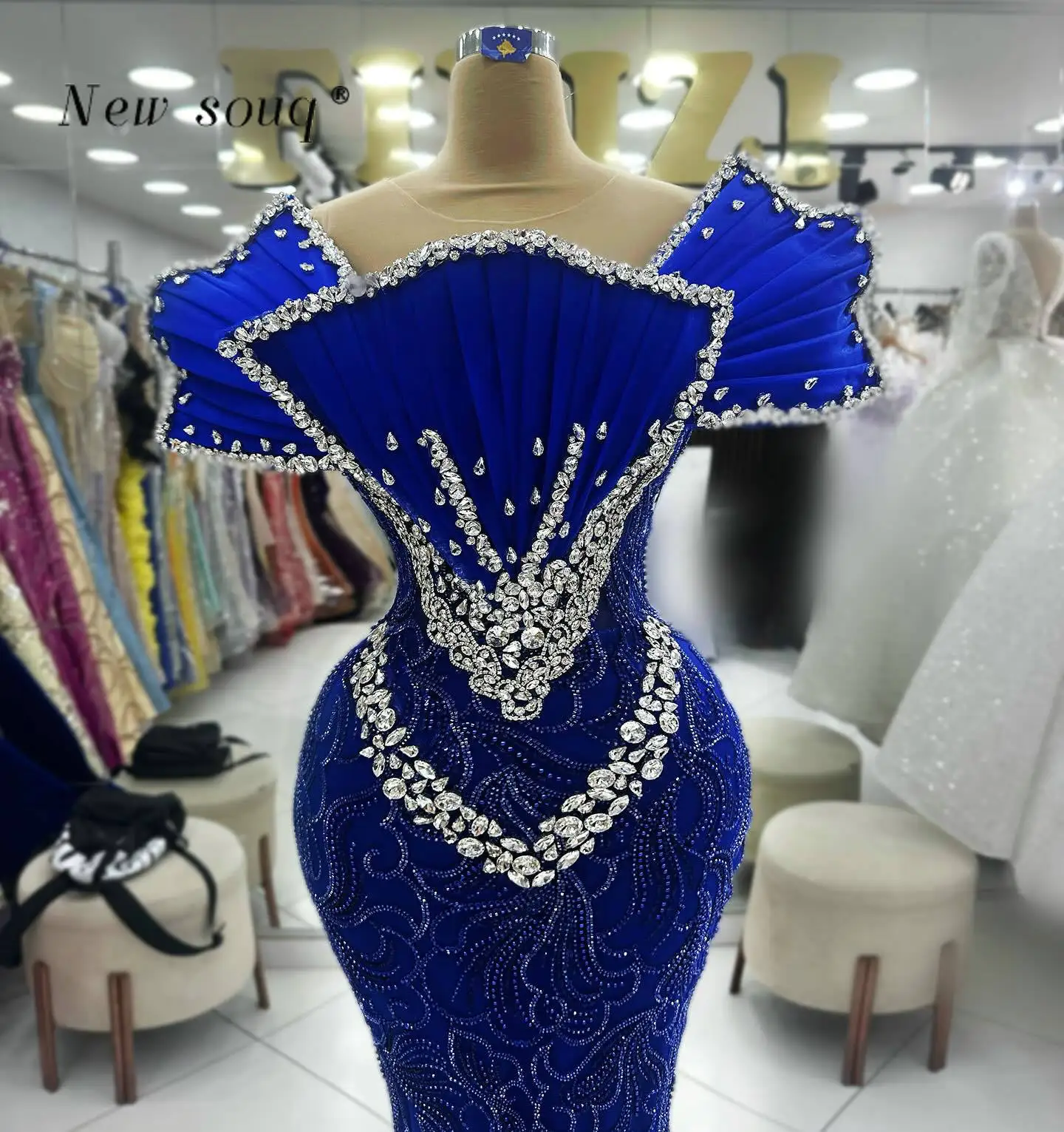 Customized Royal Blue Long Mermaid Evening Dresses with Silver Crystals 2024 Arabic Glitter Formal Sequins Women Party Gowns