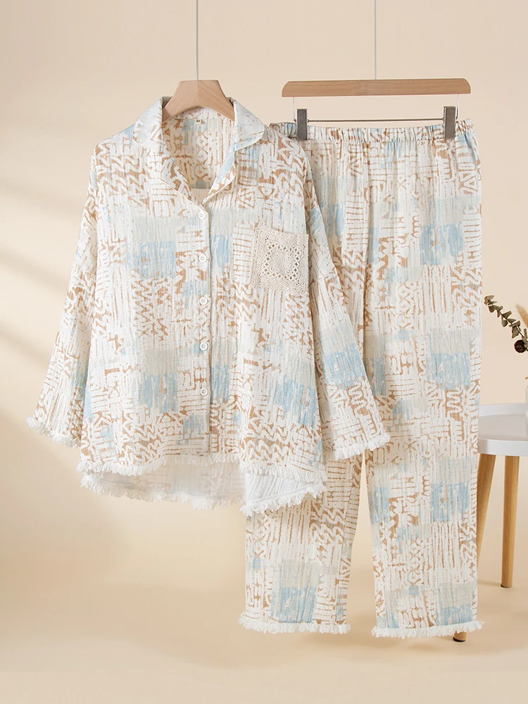 レーストリム純綿ガーゼパジャマルーズフィット薄い長袖長ズボンホーム服セット女性のための春夏