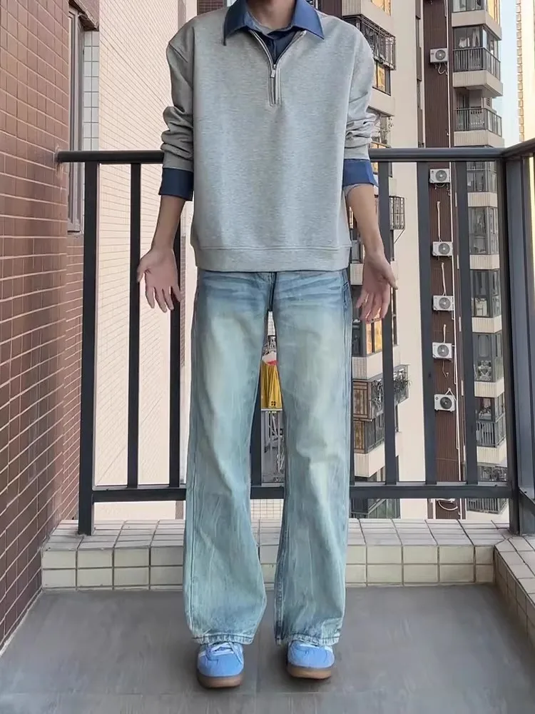 

Light Blue Lightning Pattern Men's Jeans Straight Leg High Street Fashion Winter Casual Vintage Style mid Waist Zipper Fly