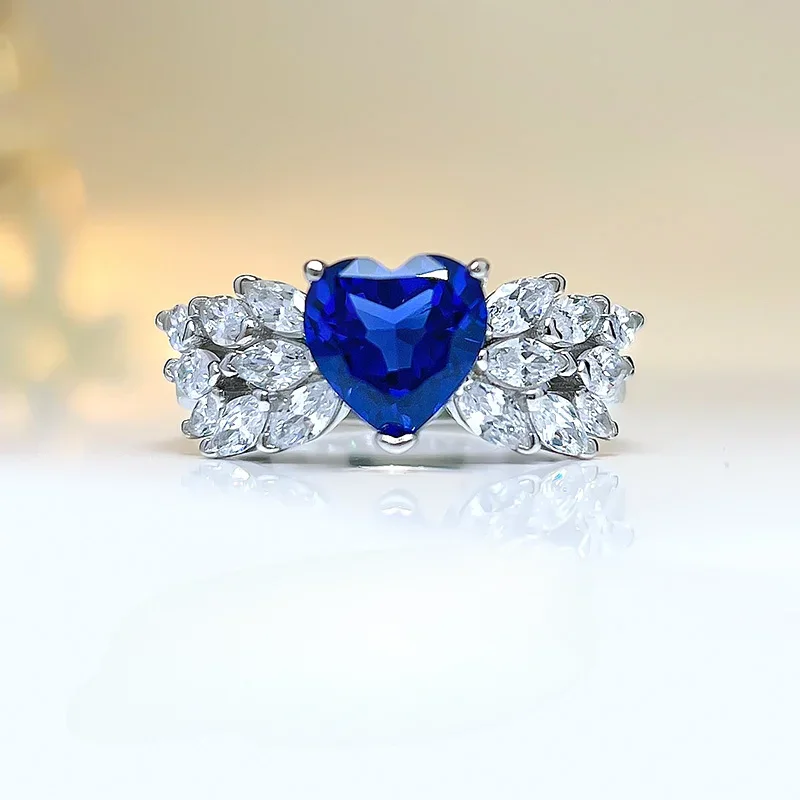 

Luxury artificial cornflower sapphire ring for socialites, female heart-shaped niche designer, 925 sterling silver inlaid