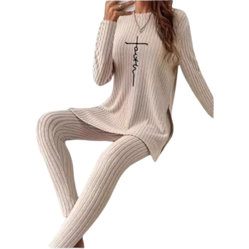 Casual Solid Color Winter Knitted Suit Women Two-Piece Long Sleeve Split Top Slim Fit Pants Autumn Fashion Set