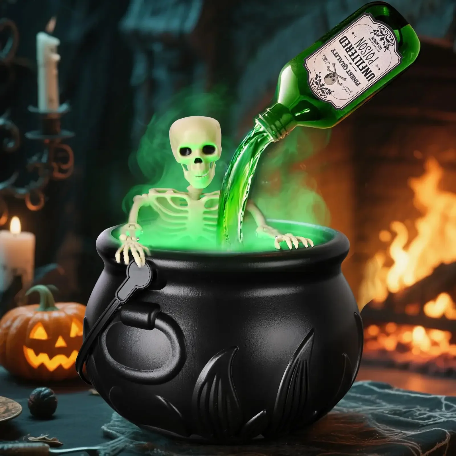 1 conjunto de cauldron de bruxa para halloween com luz led e gerador de névoa, decoração de esqueleto para festa assustadora de hocus pocus, casa, festa de halloween