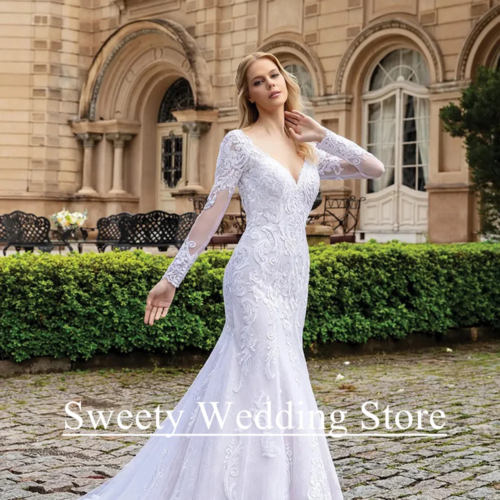الدانتيل حورية البحر فستان الزفاف مخصص كامل الأكمام الخامس الرقبة مفتوحة الظهر سويب تراين امرأة العروس فستان زفاف رداء دي ماري