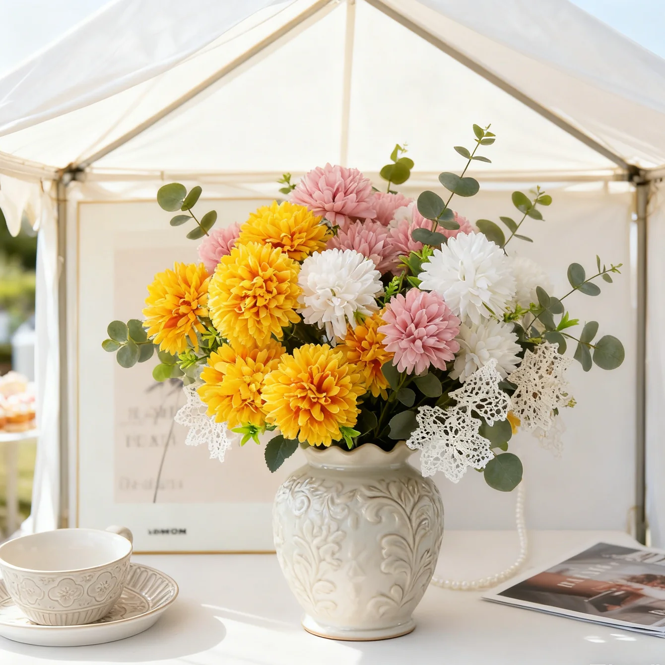 3 Stück Künstliche Blumen Seidenkugel-Chrysanthemen für Zuhause, Hochzeit, Brautsträuße, Herbstdekoration, Garten, Hof, DIY-Geschenke – Detail 7