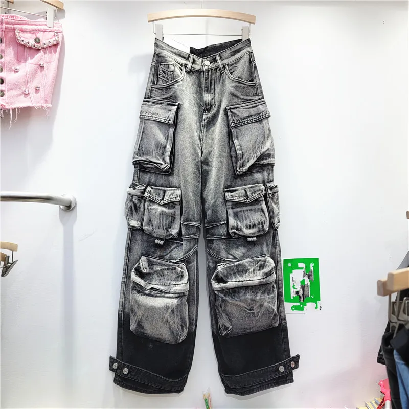 Women's Jeans Gradient Grey Loose Multiple Pockets Straight Wide Leg Denim Cargo Pants 2023 Autumn New Fashion