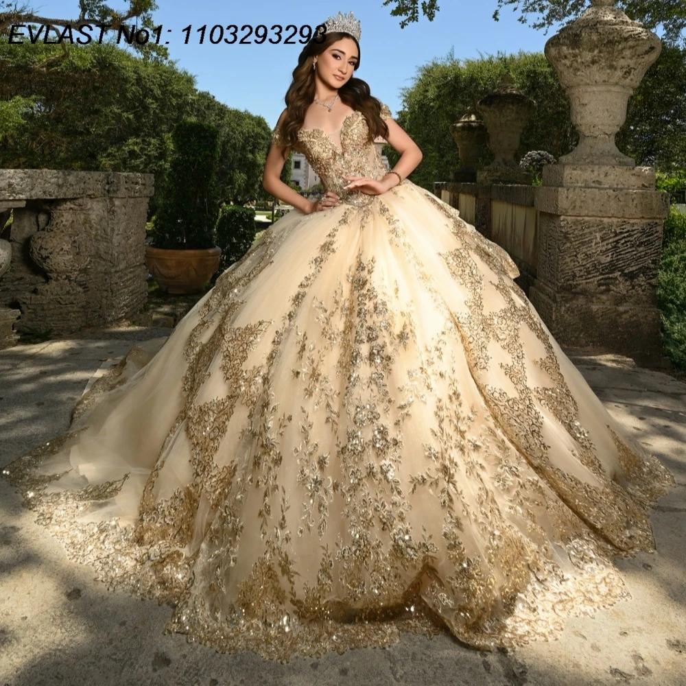 EVLAST Customized Princess Gold Quinceanera Dress Ball Gown Sequins Lace Applique Beading Sweet 16 Vestidos De 15 Anos E1QN875
