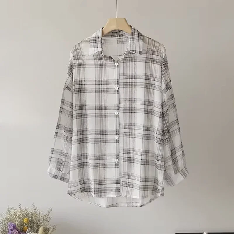 Camicia a quadri da donna in chiffon trasparente a maniche lunghe con colletto e bottoni Top da donna Camicetta monopetto da donna Camicie a quadri larghe e sottili