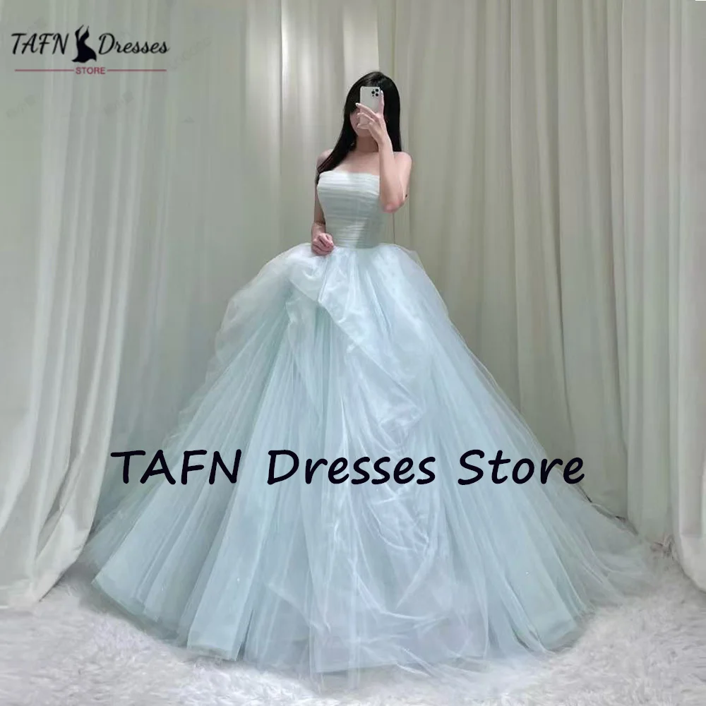 TAFN Blue Elegant Princess A-line Strapless Tulle Dresses Formal Prom Korea Photoshoot Customized Wedding Party Customized