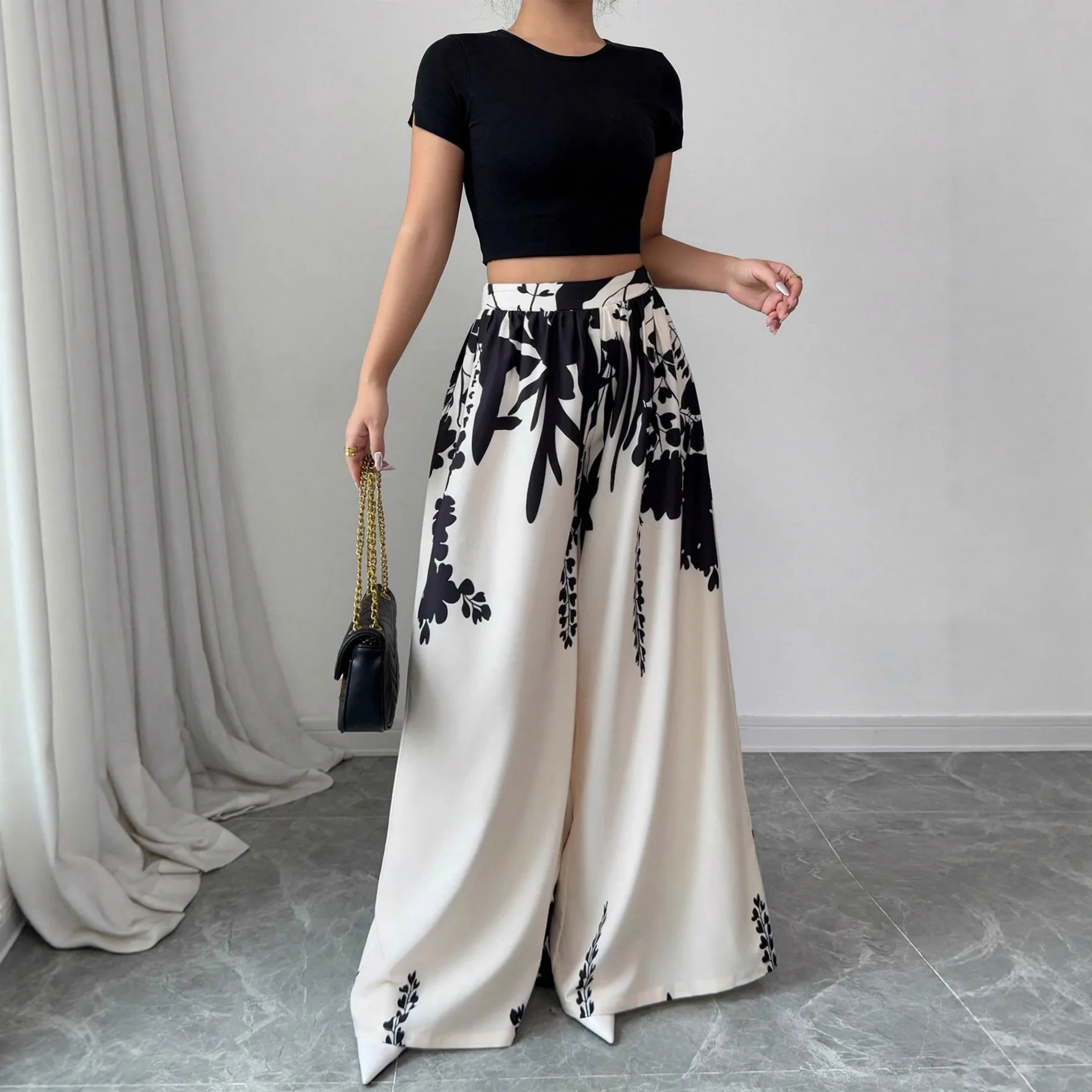 New Summer Fall Boho Women's Ink Print Mid-waist Wide-leg Straight-leg Pants Slim-fitting Pants For Women Casual Beach Vacation