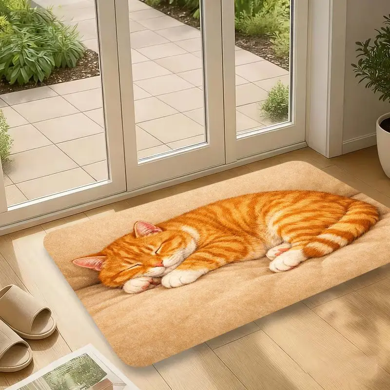 VIKAMA Sleeping Cat Doormat for Front Door Entryway, Cute Orange White Cat Floor Mat Non-Slip, Soft Washable Home Decoration