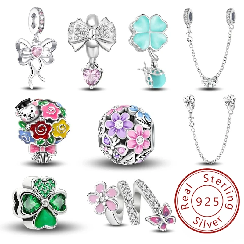 

925 Sterling Silver Bow Flowers Graduation Bouquet Pendant Bead Diy Bracelet Bangle Making Gift Of High Quality Fine Jewelry