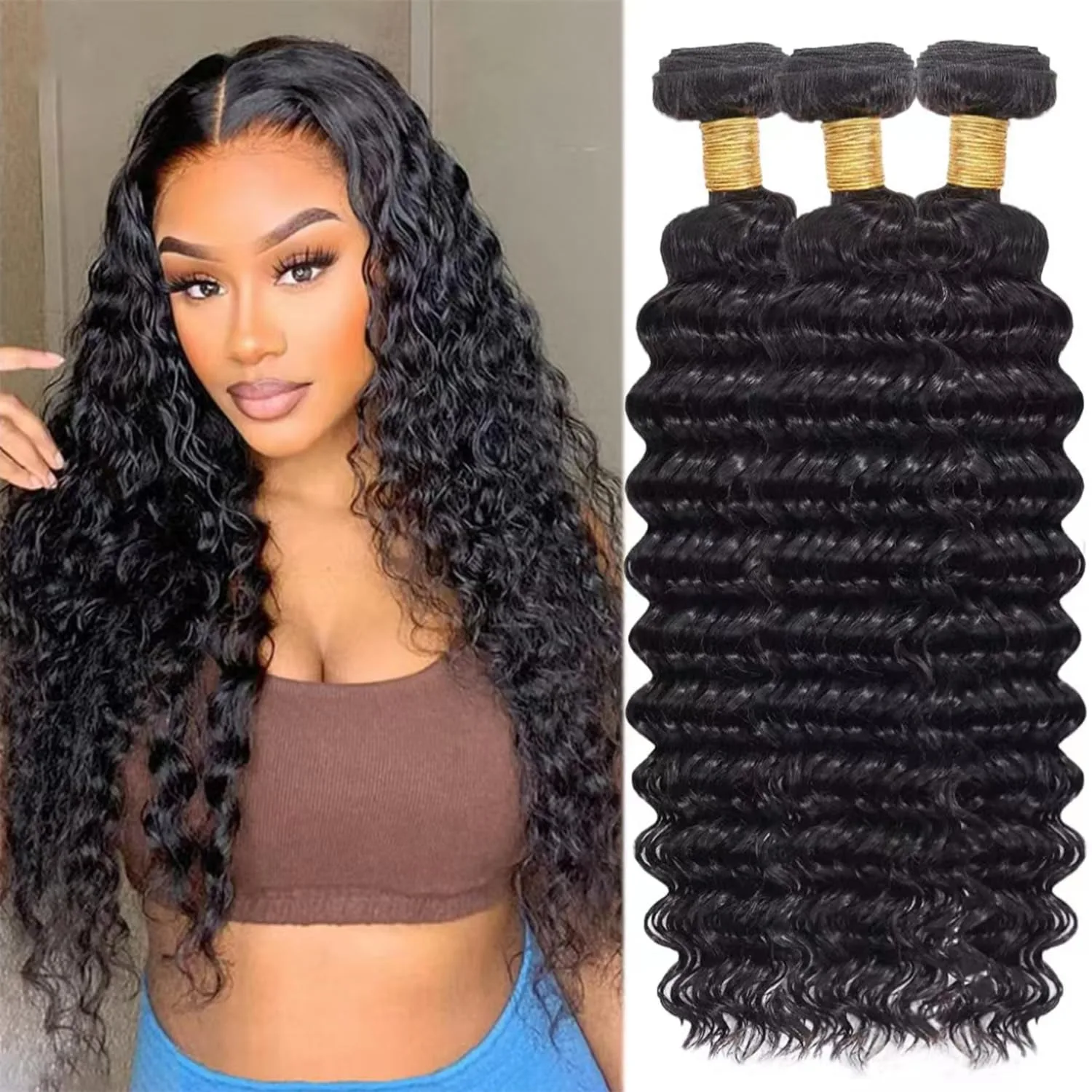 

12A 14A Curly Human Hair Bundles With Transparent Deep Wave Brazilian Extension for Women Weave 3 4 Bundles Natural Color