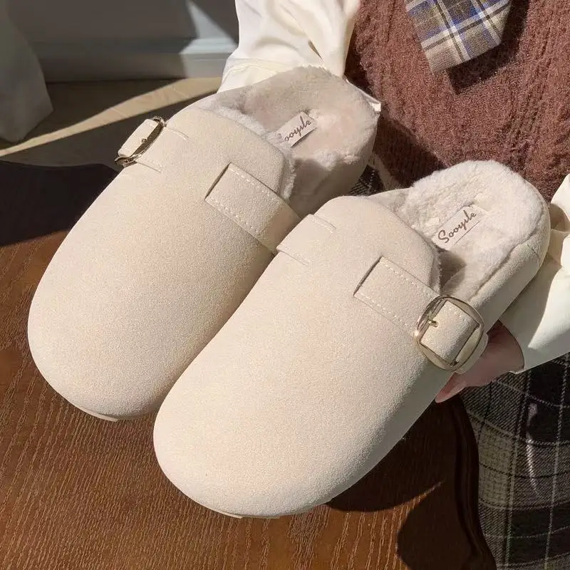 

Fur Boston Clogs For Women Winter Fashion Cork Insole Warm Plush Slippers Shoes With Arch Support Cozy Home Furry Suede Mules