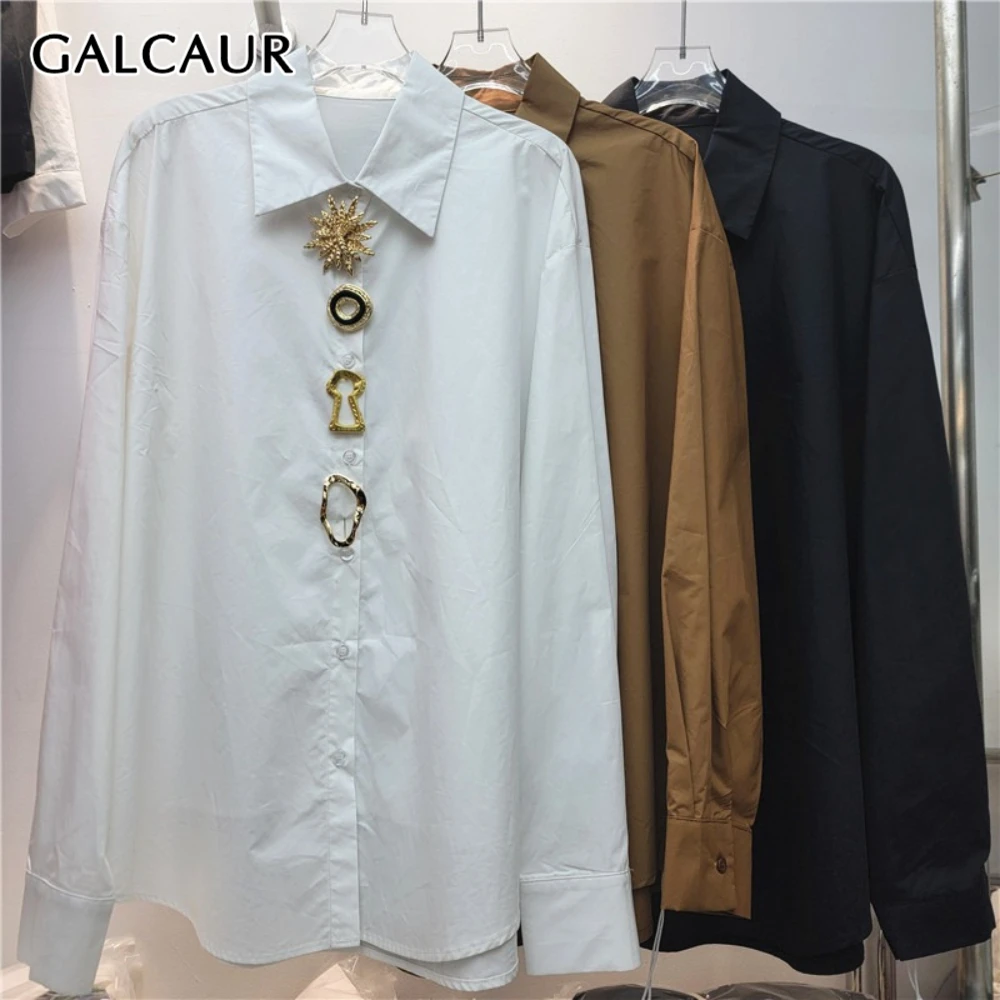 

GALCAUR Solid Spliced Buttons Chic Shirt Female Lapel Long Sleeve Loose Luxury Design Women's Shirts Autumn Fashion Style New