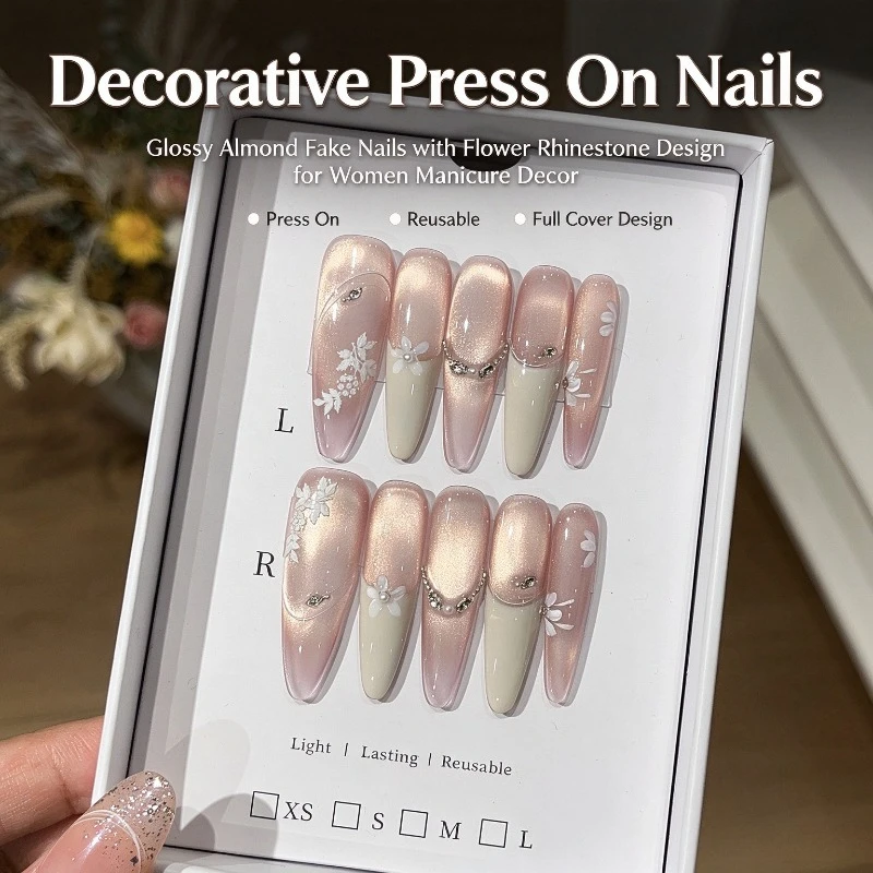 DIY Decor Press on Nails Shiny Gentle Cat Eye Style Hand Painted French Fashion Reusable False Nails Dressing Accessories