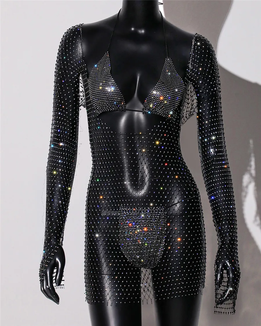Fashion Rhinestone Mesh Women Set And Mini Dress Summer Sexy Beach See Through Hollow Fishnet Bikini Cover Up Set Party Dress image 5