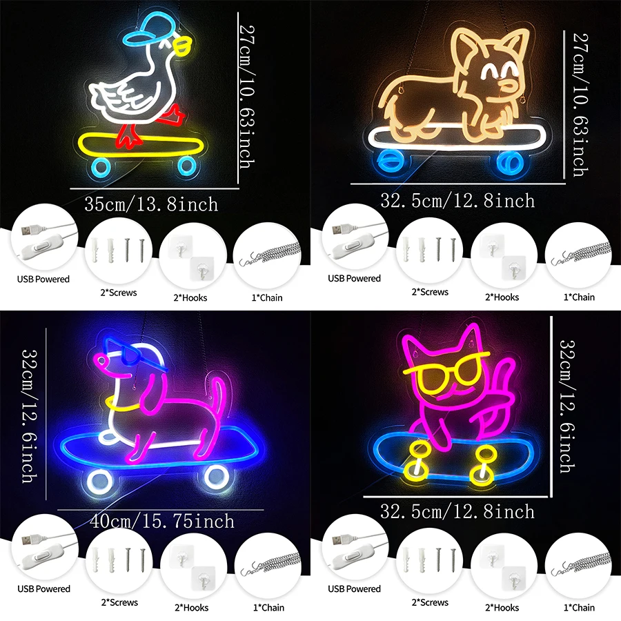 Anime Led Neon Sign, Animal Skateboard Cute Icon, Bedroom, Bar, Club, Game Room Decor, Birthday Party Gift For Boys And Girls. view 2