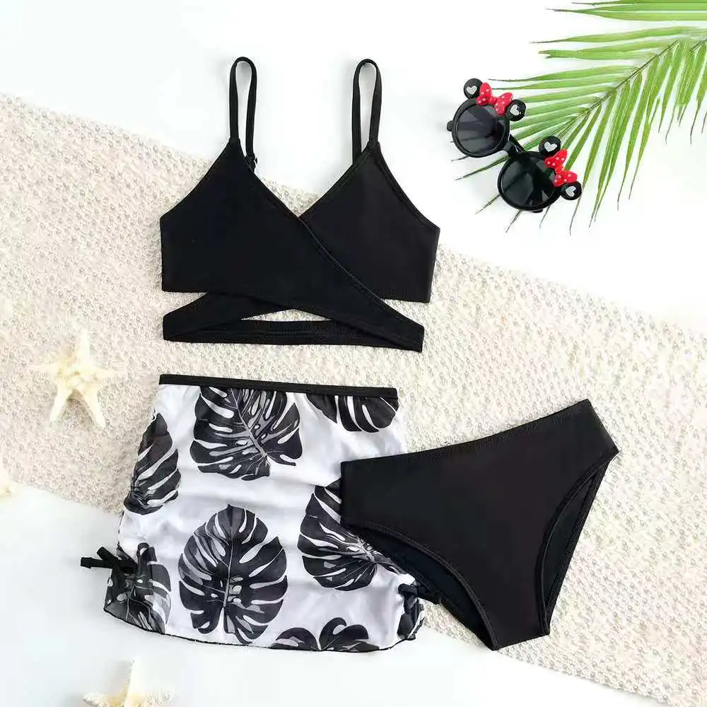 

2026 Strappy Little Girls Swimsuit High Waist Bikini 3 Pieces Swimwear With Skirt Solid Children Bathing Swimming Swim Suit 4-7Y