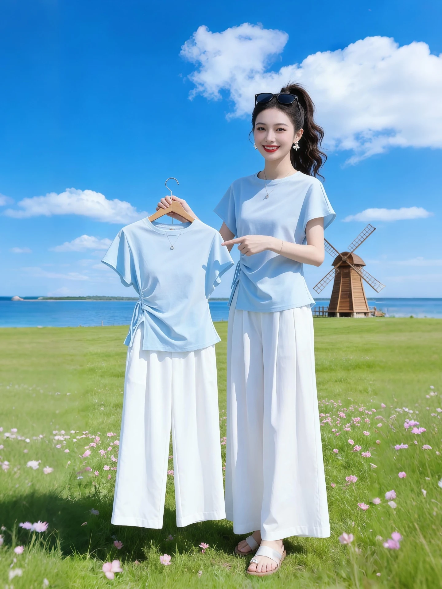 

Summer Fashionable Blue round Neck Short Sleeve Women's Set Wide Leg Pants Cute Two-Piece Suit Casual Commute Style T-Shirt