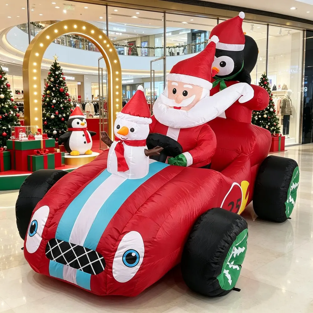 2.4M Inflatable Santa Claus Drives Snowmen And Penguin Race Cars With Built-in LED Lights Indoor Outdoor Lawn Garden Decoration