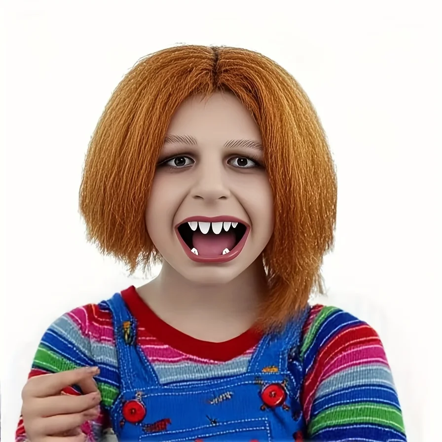 Orangefarbene, flauschige Kurzhaar-Synthetikperücke |   Horrorfilm Child's Play Charakter Geisterpuppe Cosplay Perücke |   Halloween-Party-Perücke