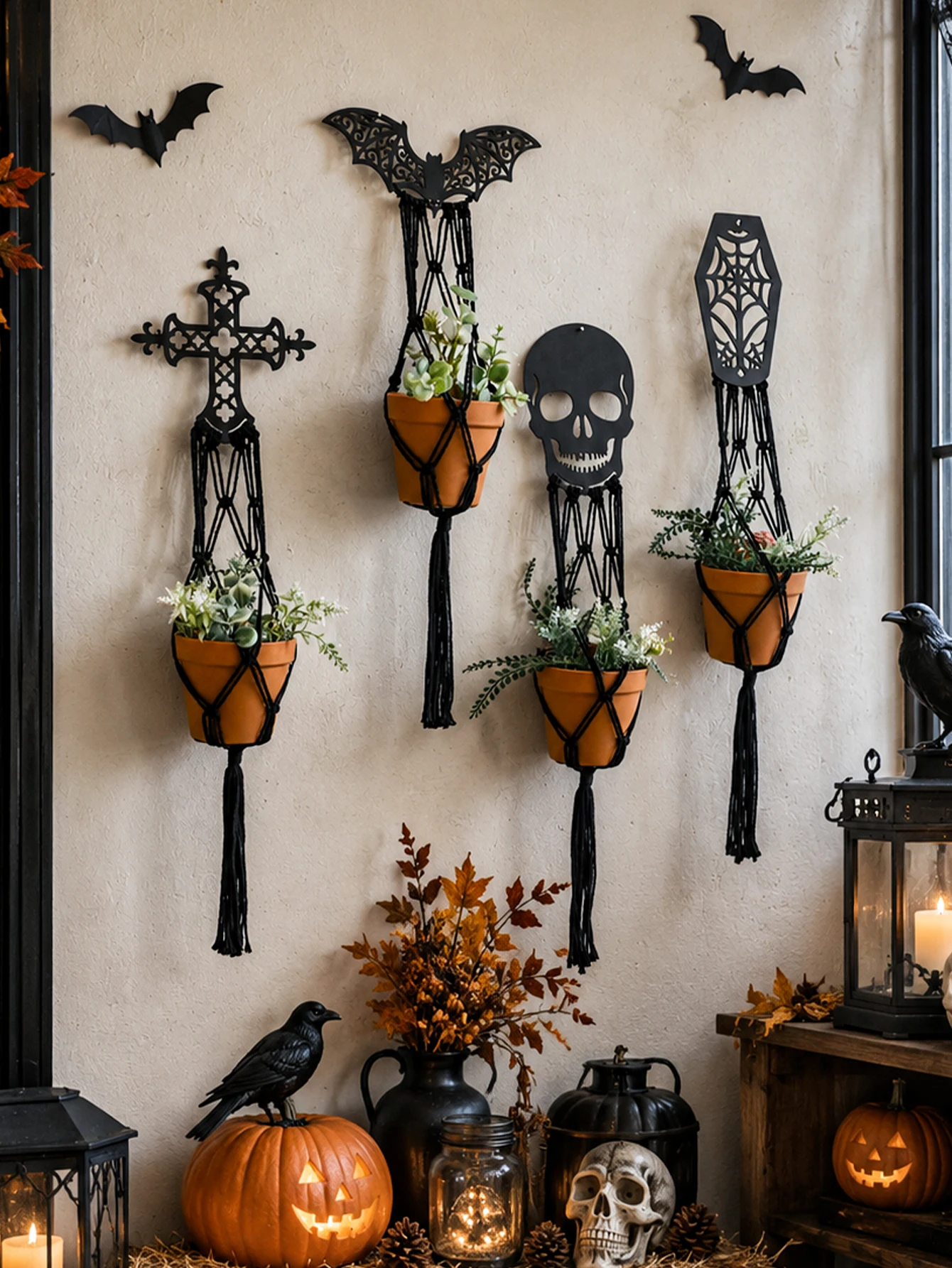 Black Macrame Plant Hanger Gothic Bat Skull Cross Coffin Wall Hanging Planter Tassel Flower Pot Holder for Halloween Home Decor