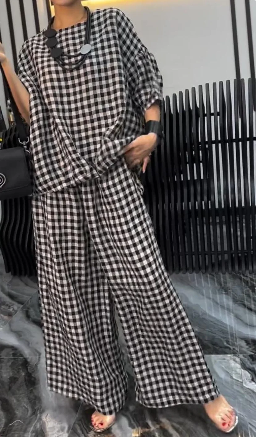 Half Sleeve Drawstring Houndstooth Print Women\'s 2-piece Set Loose T-shirt Top Wide-leg Pants Two-piece Suit Casual Streetwear