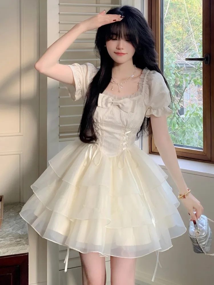 

2024 Elegant Ruffles Fairy Dresses Korean Fashion Slim A Line Mini Dress Summer Women Princess Birthday Party Clothes