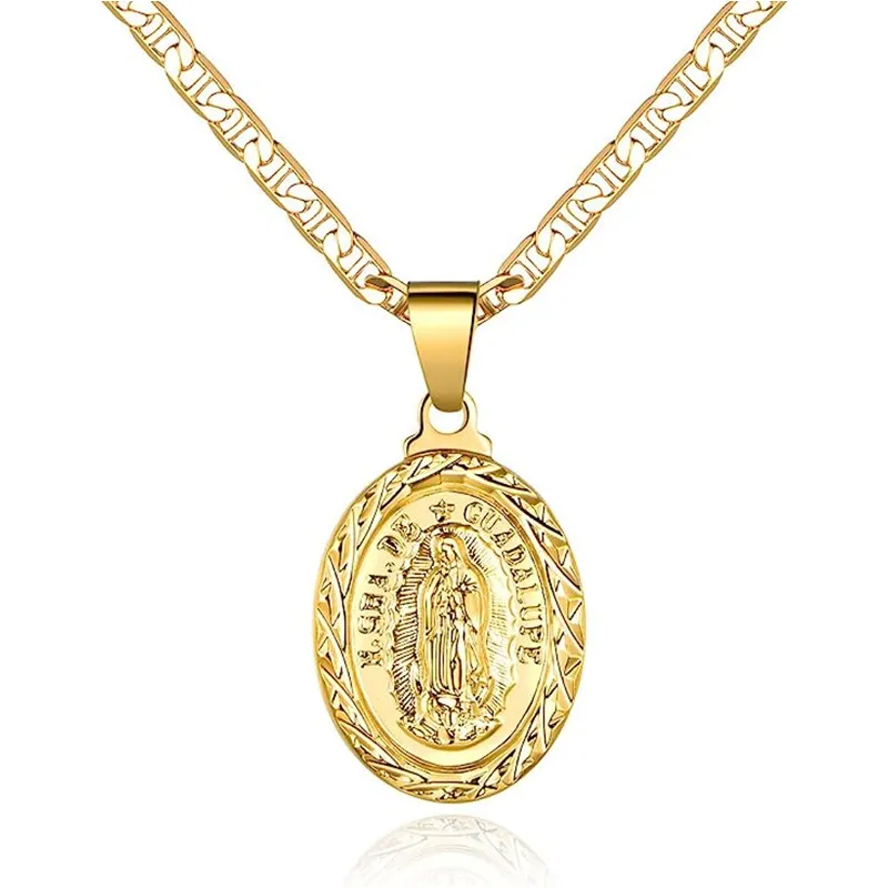 Huitan Catholic Virgin Mary Statue Pendant Necklace for Women Metal Gold Color/Silver Color Christian Necklace Statement Jewelry