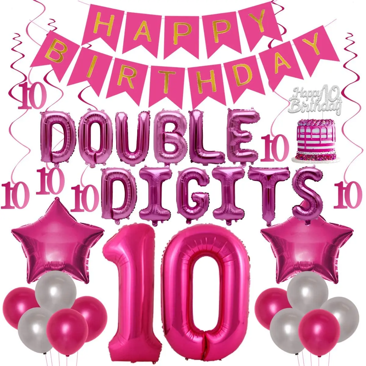 

JOYMEMO 10th Birthday Decorations for Girls Hot Pink Double Digits 10th Birthday Party Balloons Banner Cake Topper Hang Swirls