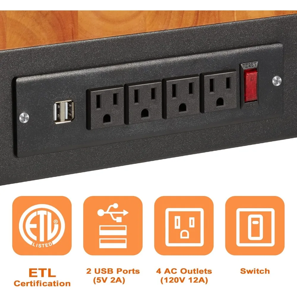 منضدة عمل جراج قابلة للتعديل مقاس 60 × 22 مع سطح خشبي مطاطي، ومنافذ طاقة، وسعة 2000 رطل، وطاولة عمل شديدة التحمل